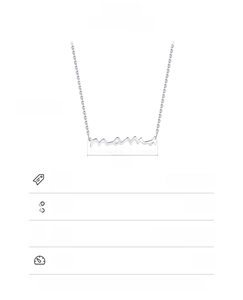 Detail of S925 sterling silver mama script necklace showing dimensions 39+5cm and 2.4cm width