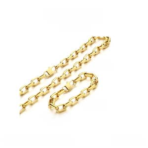 Detailed specs of gold chunky Cuban chain necklace and bracelet set in stainless steel