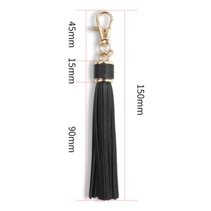 Detail showing 150mm black PU leather tassel keychain with gold lobster clasp dimensions