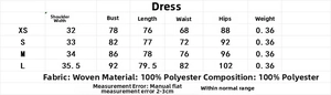 Detailed sizing guide chart for women's sleeveless mesh dress with fabric specifications