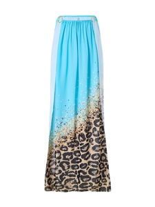 Maxi skirt featuring sky blue to leopard print gradient with gold ring hardware details
