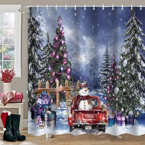 Detail view of polyester shower curtain with festive Christmas truck and snowman print
