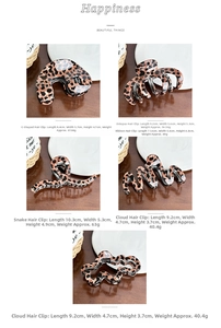 Detailed size specifications for five types of leopard print acetate hair claw clips