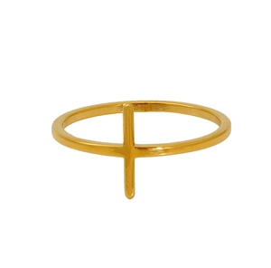 Detailed close-up of a minimalist 18K gold-plated stainless steel cross ring for women