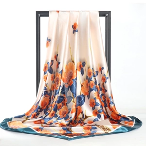 Elegant beige silk satin square scarf with orange floral print and dark green border