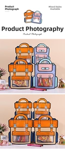 Detail of schoolbag shaped snack bags with carrying handles and transparent window