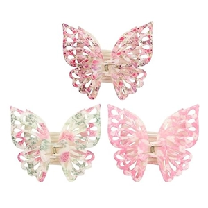 Three large butterfly hair claws in pink, green and purple with marble pattern textures