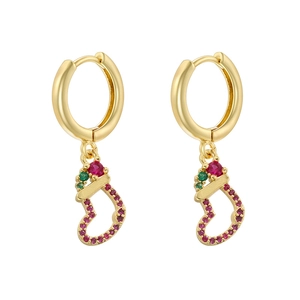 Christmas stocking dangle hoop earrings in gold with red and green cubic zirconia crystals