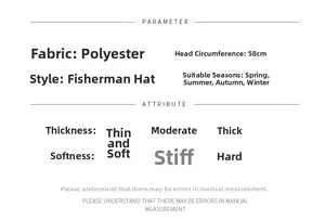 Detailed size chart for sun hat showing 58cm circumference and polyester fabric specs