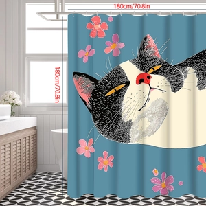 Detail of 3D Christmas shower curtain featuring cartoon cats and pink flowers in 180cm size