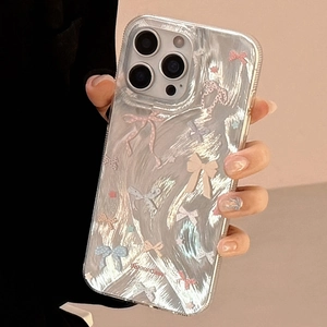 Detail of iPhone case with silver brushed texture and colorful mini bows patterns