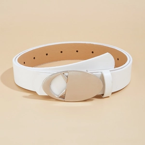 White faux leather belt for women featuring a polished silver oval metal buckle