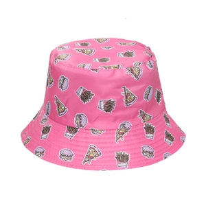 Pink bucket hat featuring all-over cartoon fast food prints including pizza and burgers