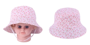 Detail of pink floral baby sun hat with cherry print and white windproof chin strap