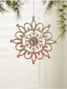 Detailed view of rose gold glitter snowflake ornament with centered gemstone decoration