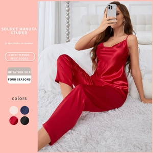 Women Pajamas Camisole Top And Long Pants Imitation Satin Satin Sleeveless V Neck Sleepwear Loungewear
