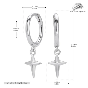 Detailed size parameters of 925 sterling silver hoop earrings with star pendants
