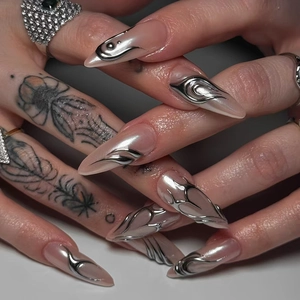 Stiletto Press On Nails Pink Pearlescent 3D Silver Liquid Metal Flame Design Punk Y2K Style ABS Plastic Artificial Fingernails