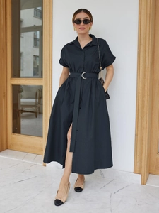 Cotton Shirt Dress Short Sleeve Single Breasted Lapel Midi Dress With Belt A-Line Flare Elegant Casual For Women