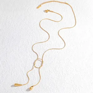Adjustable 18K gold plated stainless steel lariat necklace with waterdrop pendants