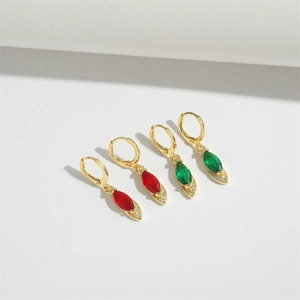 Colorful marquise-cut crystal hoop earrings in red and green with gold plating