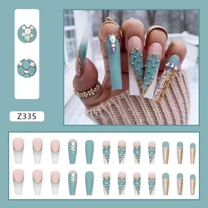 Green and nude glitter ballerina press-on nails with plaid patterns and rhinestones
