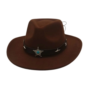 Detail of dark brown cowboy hat featuring leather band with star studs and turquoise stone