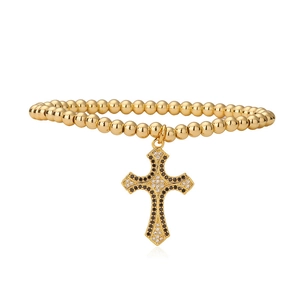 Adjustable golden beaded cross bracelet with black and white zircon stone inlay