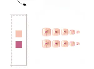 Detail view of pink toe nail wraps featuring gold stars and purple heart patterns