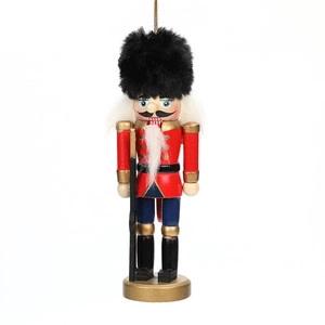 Klassische 13 cm Holz-Nussknacker-Soldat mit roter Uniform und hohem schwarzen Pelzhut