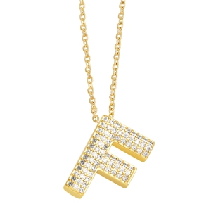 Macro view of gold F-letter pendant necklace with sparkling pave-set zircon stones