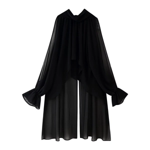 Long black chiffon cardigan with ruffle flare sleeves and split hem for women