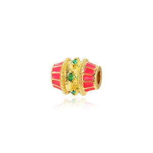 Oval gold plated spacer bead with pink enamel and green zircon for DIY jewelry making