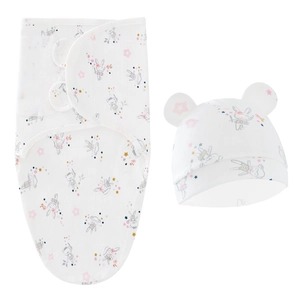 Detail of baby swaddle set with cute cartoon animals and adjustable hook and loop fastener