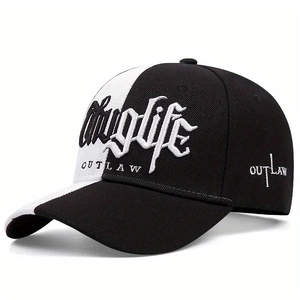 Detailed close-up of Thuglife 3D embroidery on a black and white baseball cap