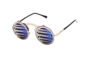 Detail view of silver punk flip-up sunglasses with hollow 'YOU' letters and blue round lenses