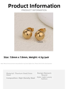 Detail view of 7.8mm gold round ball stud earrings made of polished stainless steel