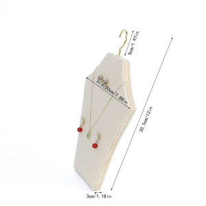 Hanger-style beige linen necklace bust display stand with golden metal hook for jewelry