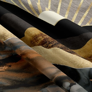 Close-up of abstract landscape tapestry with golden sun rays and marble textures