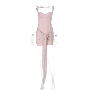 Pink lace backless bodycon dress with spaghetti straps and draped detailing