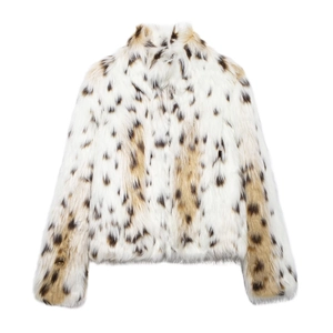 Short faux fur leopard print coat with stand collar and soft white brown plush texture