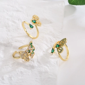 Butterfly Open Ring Copper 18K Gold Plated Micro Pave Green White Cubic Zirconia Aesthetic Geometric Adjustable Jewelry