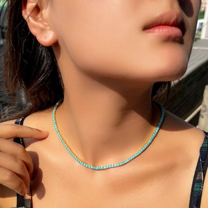 Vintage Brass Gold Plated Tennis Necklace For Women Single Row Zirconia Artificial Turquoise Choker Chain Hip Hop Jewelry