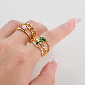 Three-layer gold stainless steel rings with zircon stones and chain link design