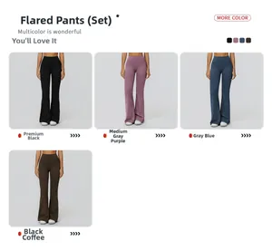 Dettaglio dei leggings yoga a zampa a vita alta nei colori nero, viola, blu e marrone