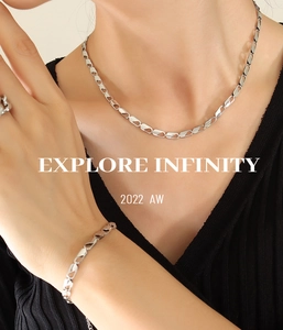 Close-up of geometric hollow chain necklace and bracelet set in silver finish on a model