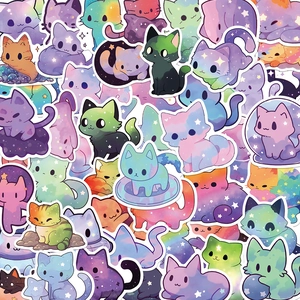 Detail of waterproof cartoon galaxy cat stickers in purple and teal gradient colors