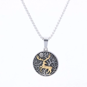 Vintage forest moon elk pendant necklace in stainless steel with gold relief details
