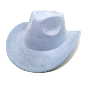 Detailed side view of a light blue faux suede cowboy hat with wide rolled brim