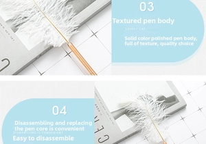 Close-up of elegant rose gold metal pen body with soft white fluffy feather detail